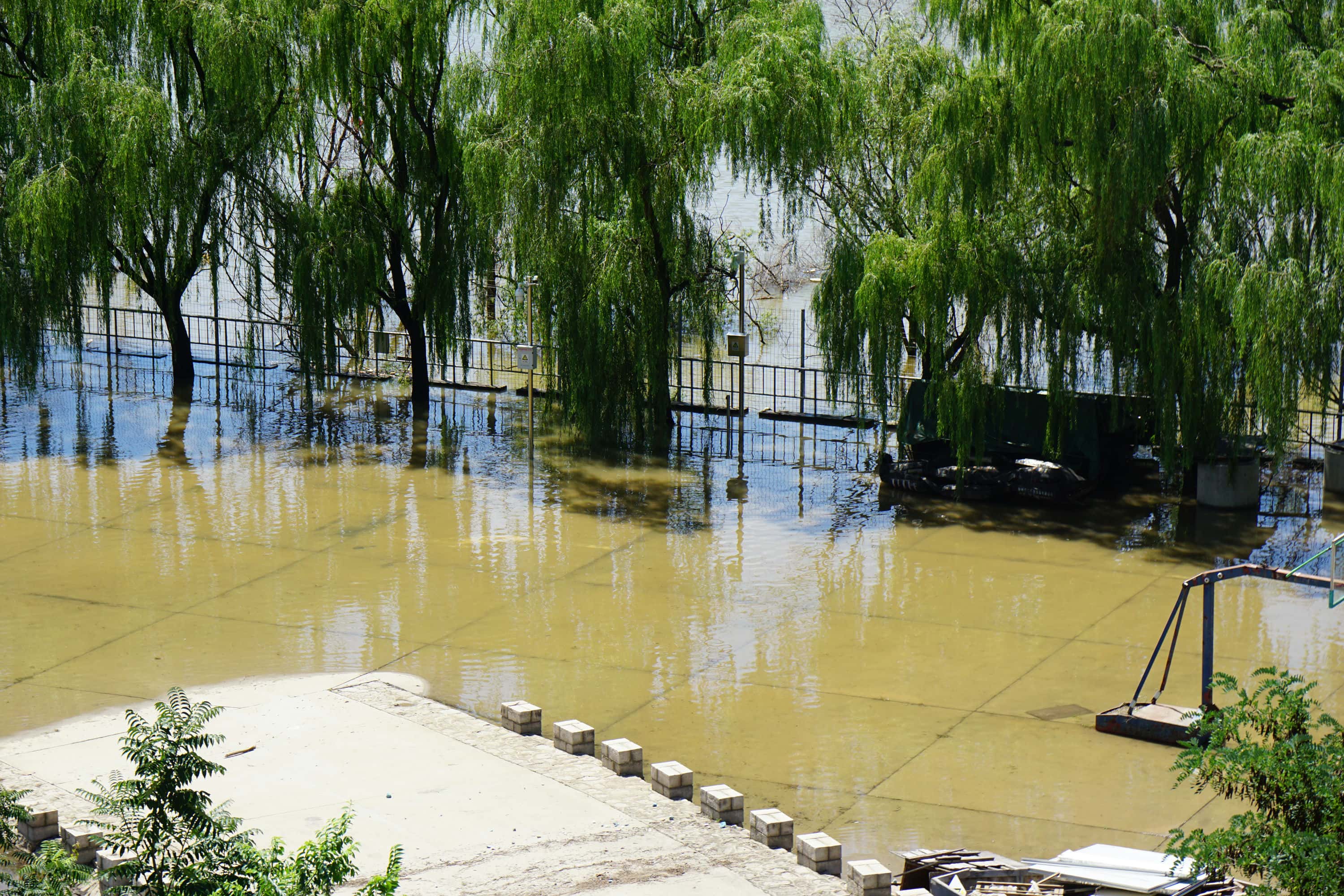 水库岸边的公园，洪水还没退去